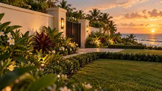 A landscaped gate beside the sea at sunset