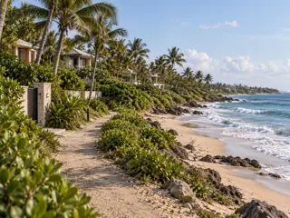 A landscaped seaside trail beside coastal residences