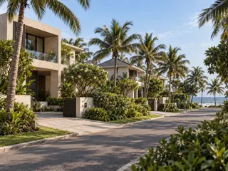 Private coastal villas along a landscaped avenue